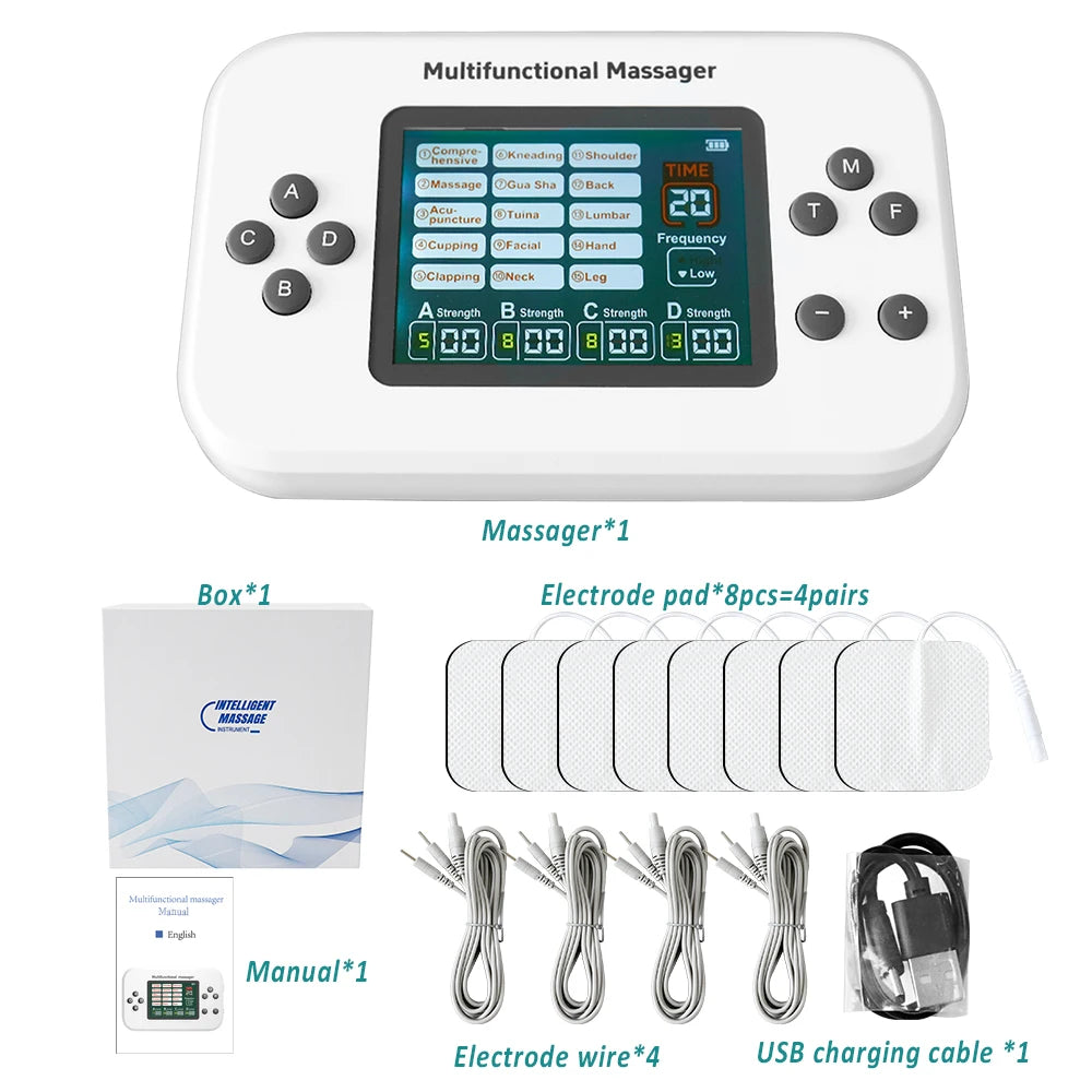 Electric TENS EMS Physiotherapy Massager, 30 Levels, 4 Output Channels, 15 Modes, 8 Pads, Rechargeable 2000mAh Battery, Muscle Pain Relief Therapy