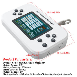 Electric TENS EMS Physiotherapy Massager, 30 Levels, 4 Output Channels, 15 Modes, 8 Pads, Rechargeable 2000mAh Battery, Muscle Pain Relief Therapy