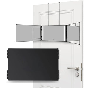 Black tri-fold LED mirror shown open and folded with adjustable hanging hooks