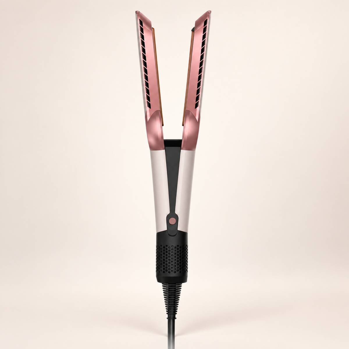 Open view of the pink air hair straightener showing both inner arms
