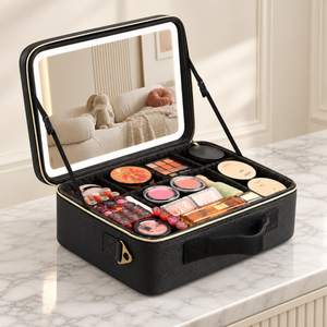 Open makeup case with LED mirror on a neutral vanity; styling cosmetics are not included