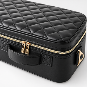 Close-up of the makeup case diamond quilting and rounded lid corner