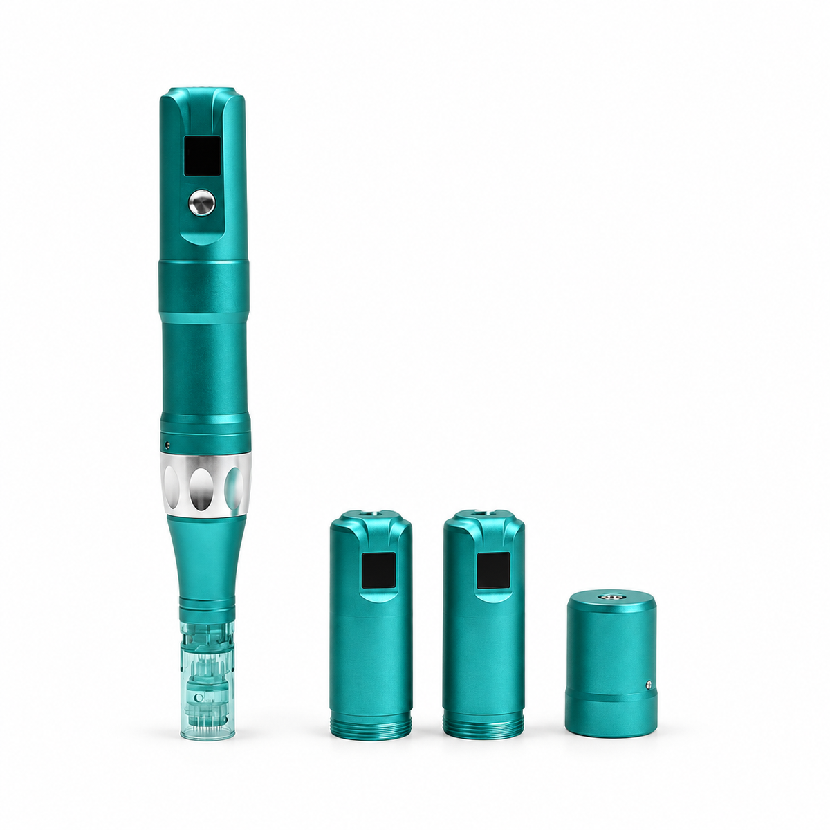 A6S cordless microneedling pen with two detachable batteries on a white background
