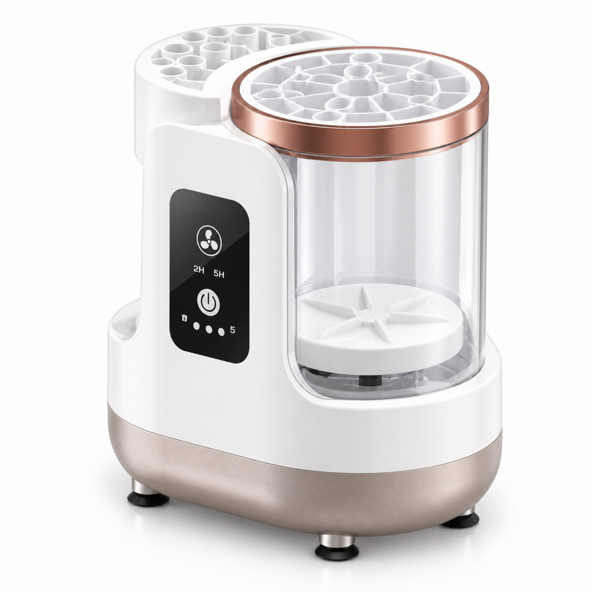 White electric makeup brush cleaner with clear chamber and rose-gold trim on a white background.