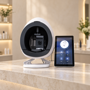 Facial skin imaging analyser and portrait display on a salon consultation counter