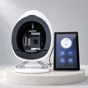 Facial skin analyser and portrait screen presented on a pale stone display plinth