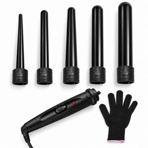 Black curling wand handle with five interchangeable ceramic barrels and a styling glove on a clean white background.
