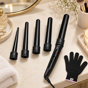 Five-barrel curling wand set arranged on a neutral dressing table with the styling glove.