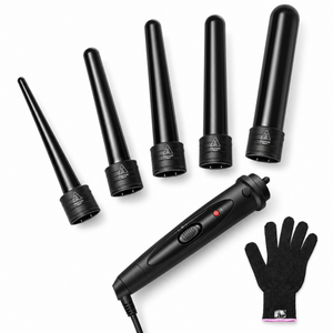 Five interchangeable ceramic curling barrels displayed beside the black wand handle and styling glove.