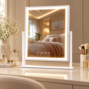 White LED vanity mirror styled on a cream dressing table with warm bedroom reflection.