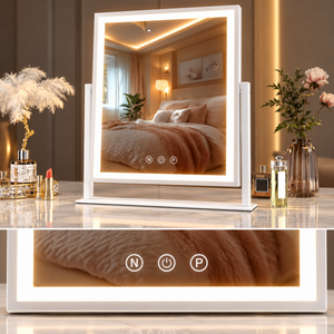 LED vanity mirror with a close-up of the N, power and P touch controls.