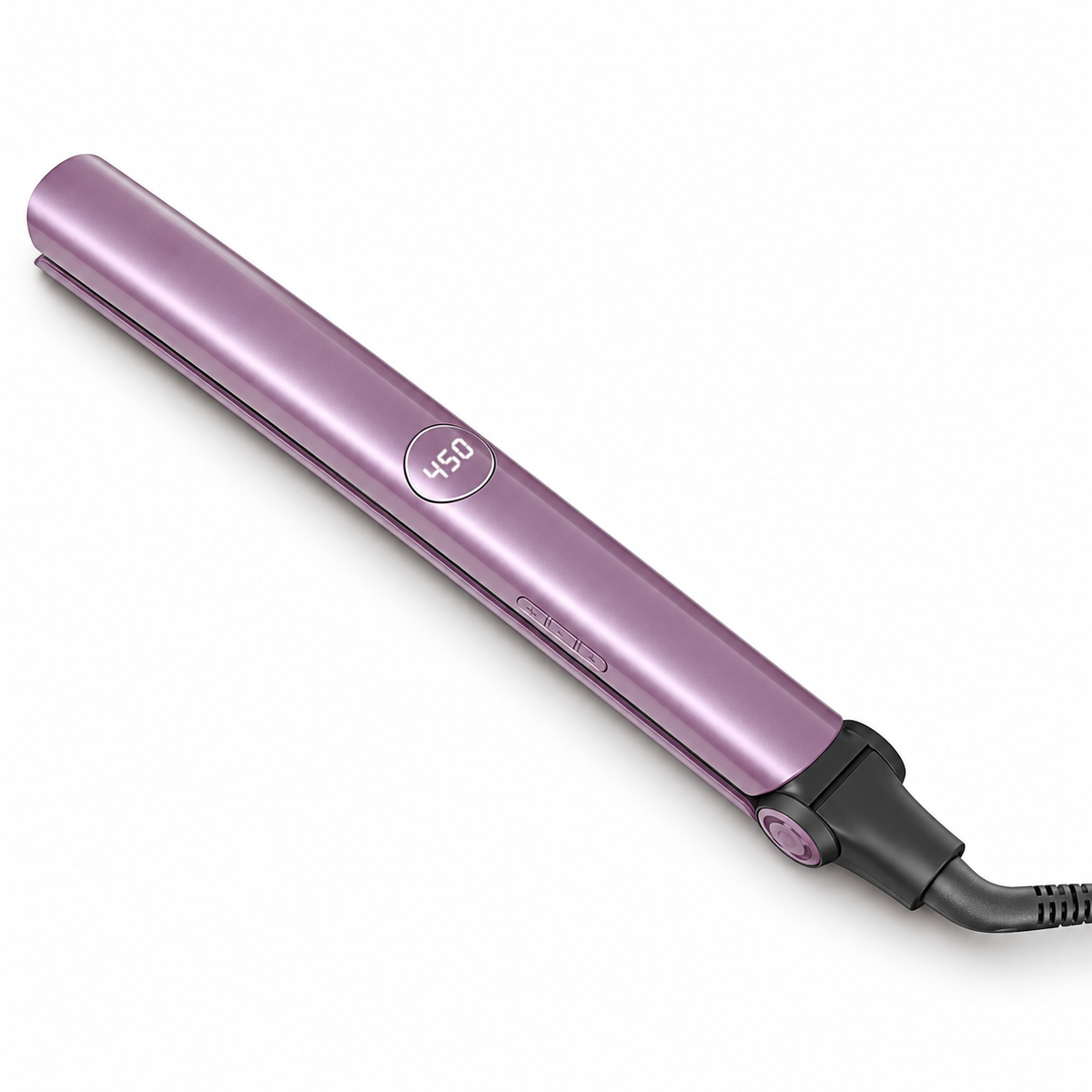 Lilac two-in-one hair straightener with circular digital display on a white background