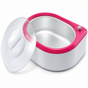 Detail view of the oval paraffin wax bath with its pink rim, white base and adjustable control.