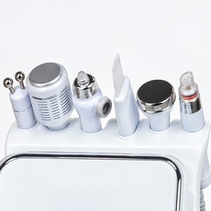 Close-up of the six supplied facial handpieces stored in their integrated white holder.