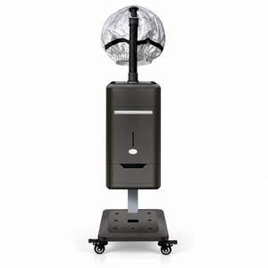 Black salon hair steamer with silver bonnet and wheeled stand on a white background
