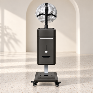 Full view of the black salon hair steamer in a neutral studio