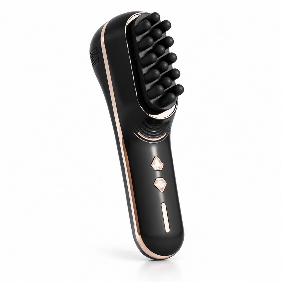 Black scalp massage comb with metallic trim on a clean white background