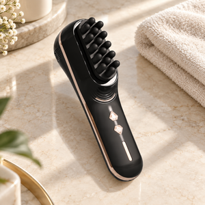 Black scalp massage comb on an ivory stone vanity beside a neutral towel