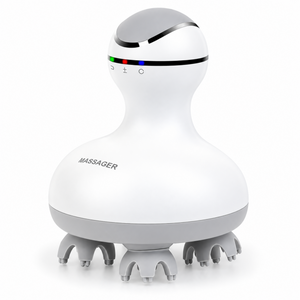 White cordless scalp massager with four rotating heads on a clean white background