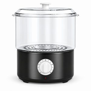 Black compact towel steamer with clear chamber, lid and timer dial on a clean white background.