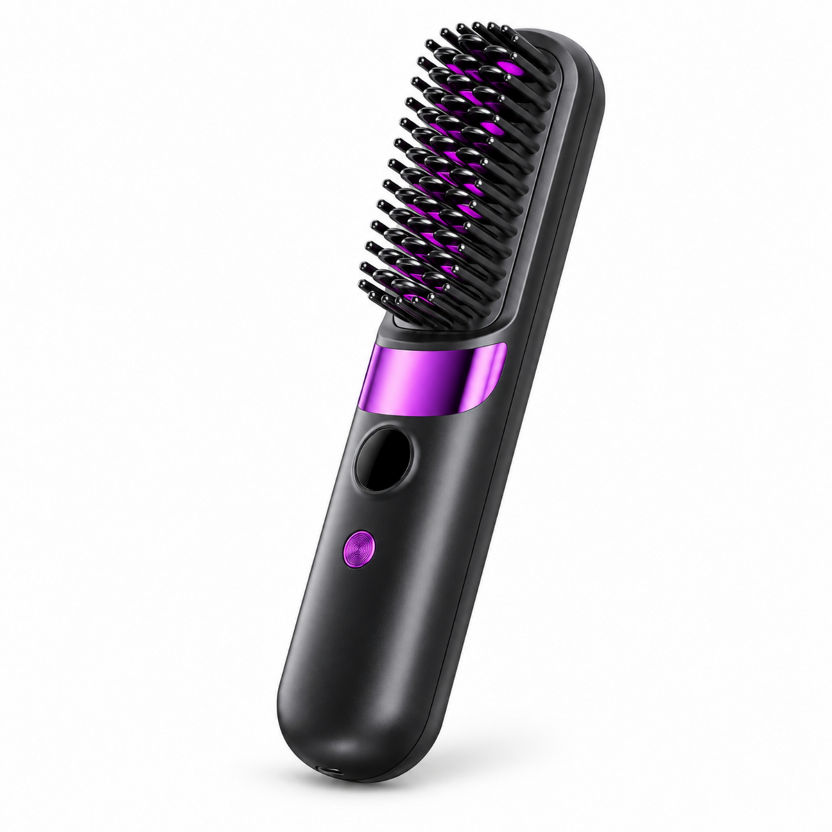 Black hair straightening brush with purple accents on a clean white background