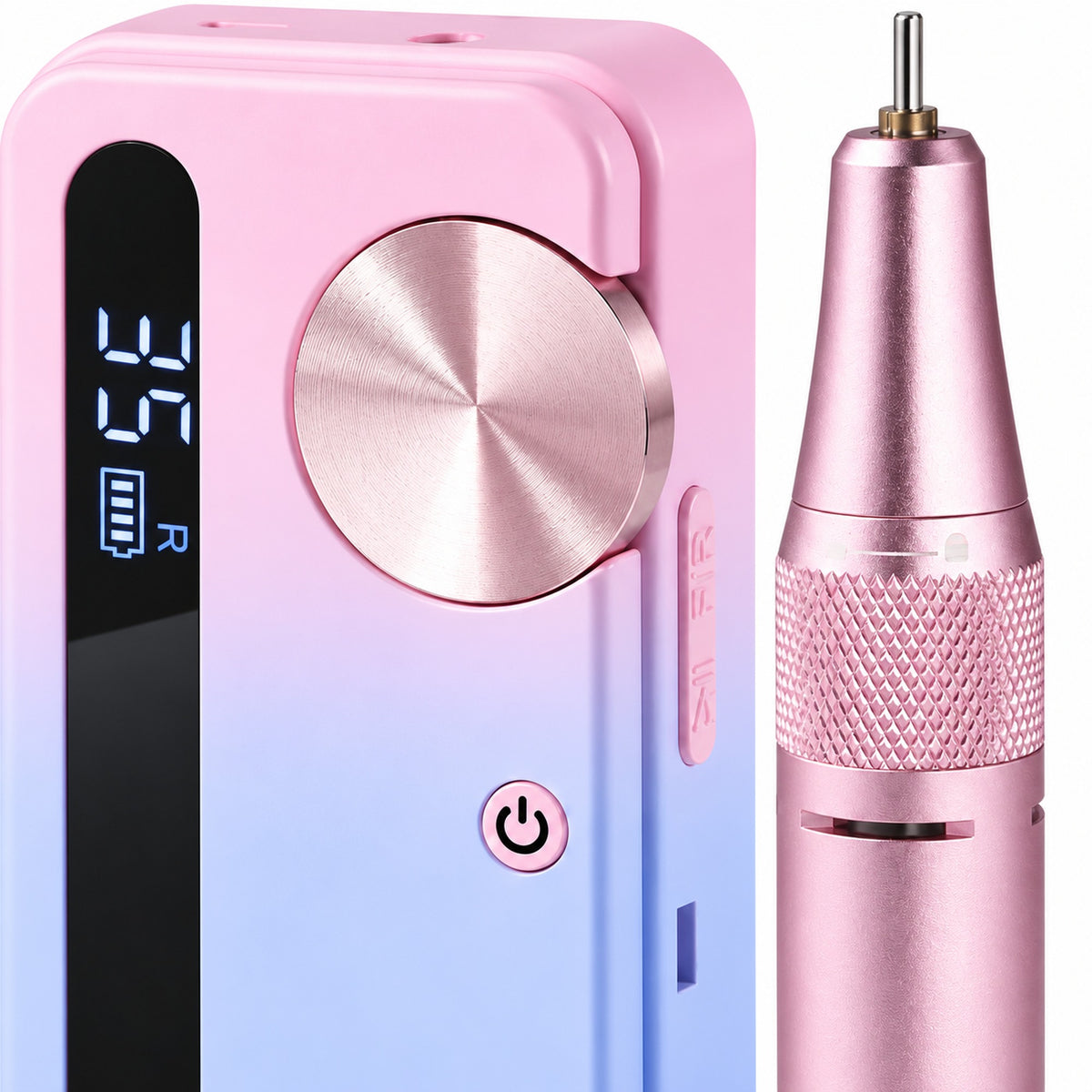 Close-up of the nail drill speed dial, digital display and textured handpiece