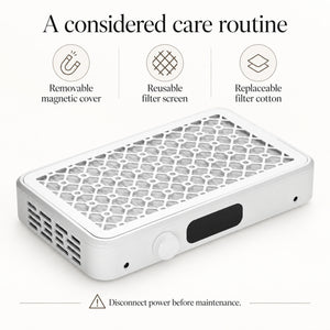 Nail dust collector care guide showing removable magnetic cover, reusable filter screen and replaceable filter cotton