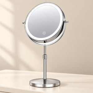 Chrome LED makeup mirror styled on a neutral dressing table