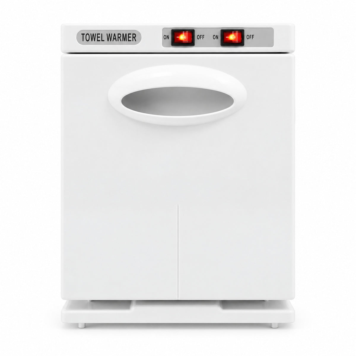 White 5-litre towel warmer with closed door, oval handle and two red rocker switches
