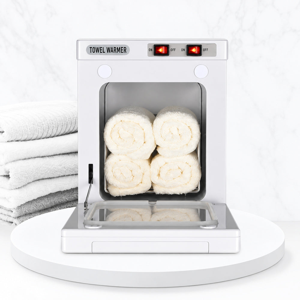 Compact hot towel warmer for a beauty workspace
