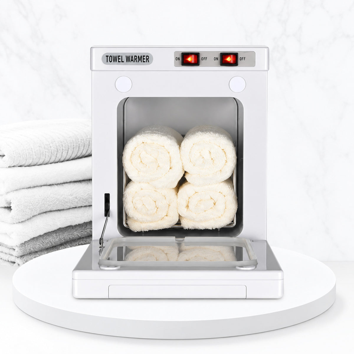 Front view of the open white 5-litre towel warmer with four rolled towels shown for illustration