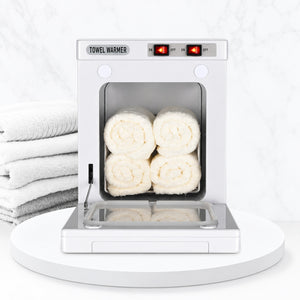 Front view of the open white 5-litre towel warmer with four rolled towels shown for illustration