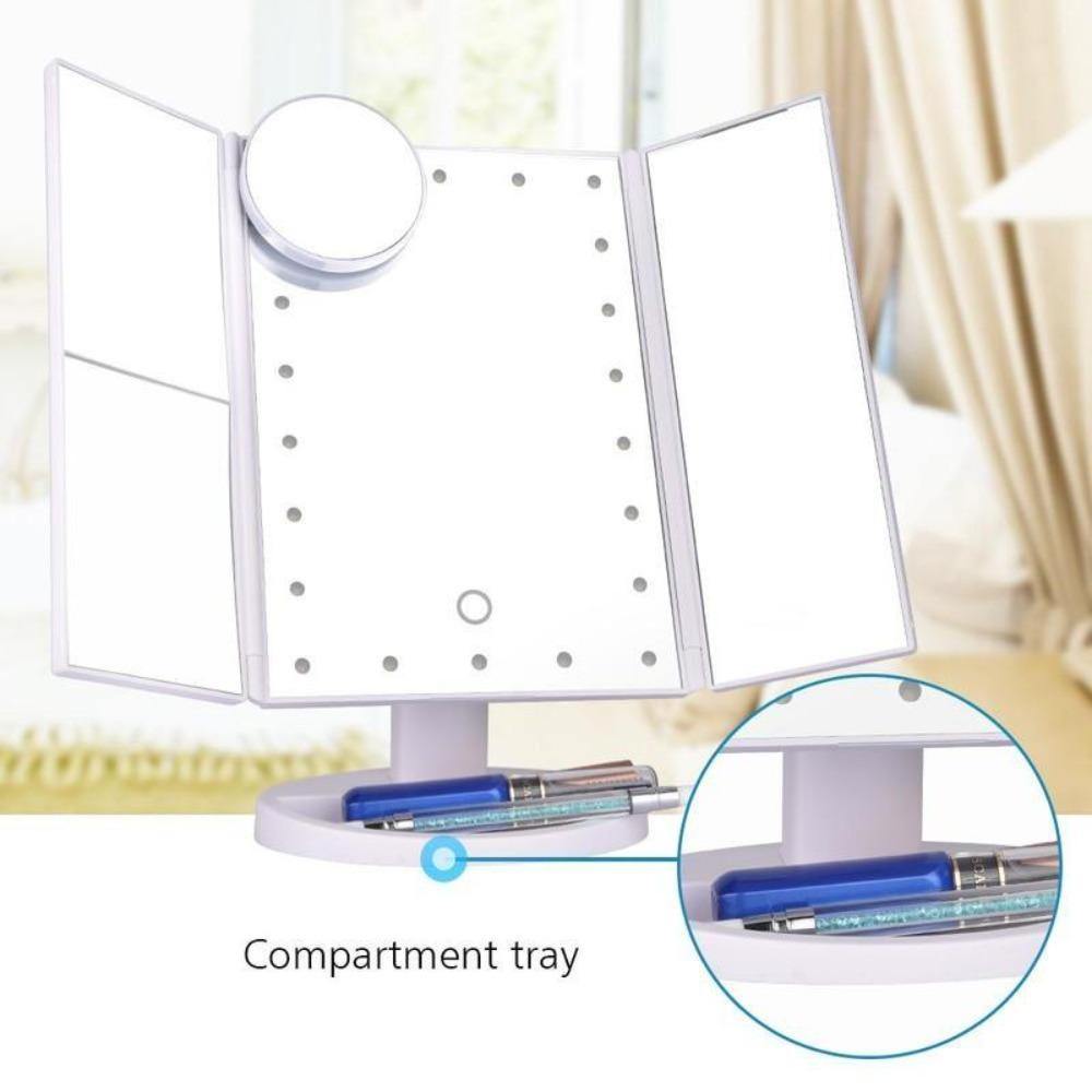 LED Makeup Vanity Mirror 1X 2X 3X 10X Magnification Tri Fold Adjustable Stand Dimmable - Beautyic.co.uk