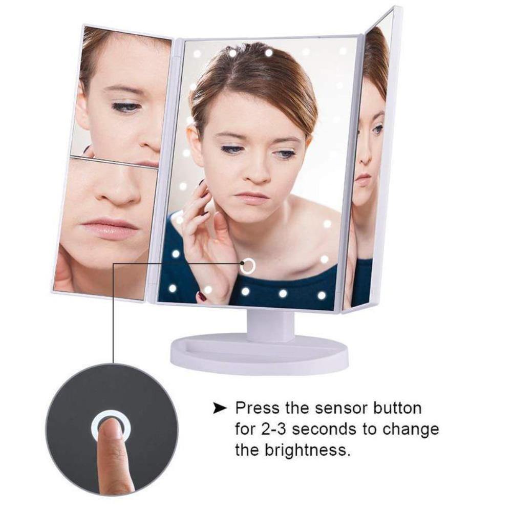 LED Makeup Vanity Mirror 1X 2X 3X 10X Magnification Tri Fold Adjustable Stand Dimmable - Beautyic.co.uk