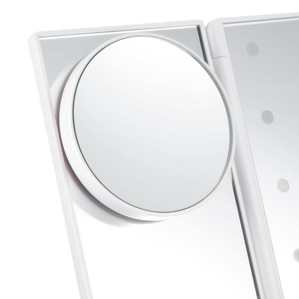 LED Makeup Vanity Mirror 1X 2X 3X 10X Magnification Tri Fold Adjustable Stand Dimmable - Beautyic.co.uk
