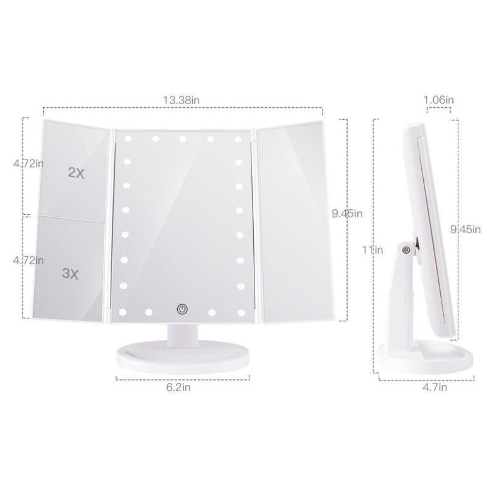 LED Makeup Vanity Mirror 1X 2X 3X 10X Magnification Tri Fold Adjustable Stand Dimmable - Beautyic.co.uk