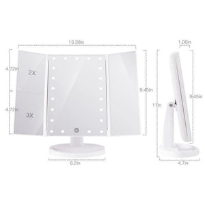 LED Makeup Vanity Mirror 1X 2X 3X 10X Magnification Tri Fold Adjustable Stand Dimmable - Beautyic.co.uk