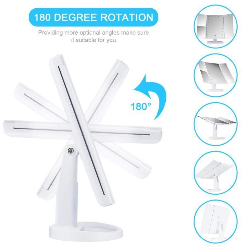 LED Makeup Vanity Mirror 1X 2X 3X 10X Magnification Tri Fold Adjustable Stand Dimmable - Beautyic.co.uk