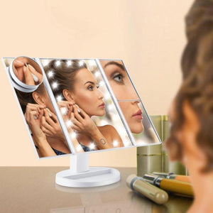 LED Makeup Vanity Mirror 1X 2X 3X 10X Magnification Tri Fold Adjustable Stand Dimmable - Beautyic.co.uk