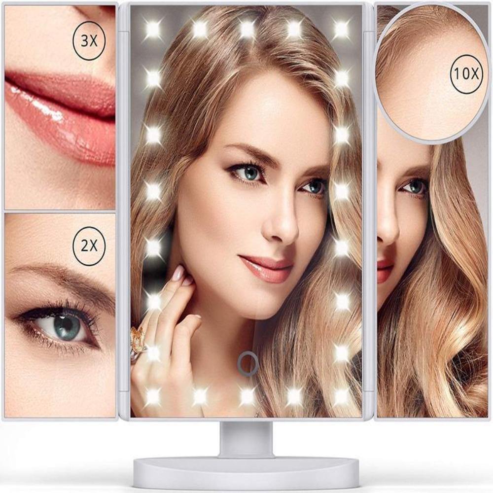 LED Makeup Vanity Mirror 1X 2X 3X 10X Magnification Tri Fold Adjustable Stand Dimmable - Beautyic.co.uk