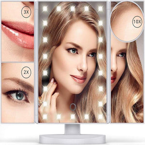 LED Makeup Vanity Mirror 1X 2X 3X 10X Magnification Tri Fold Adjustable Stand Dimmable - Beautyic.co.uk