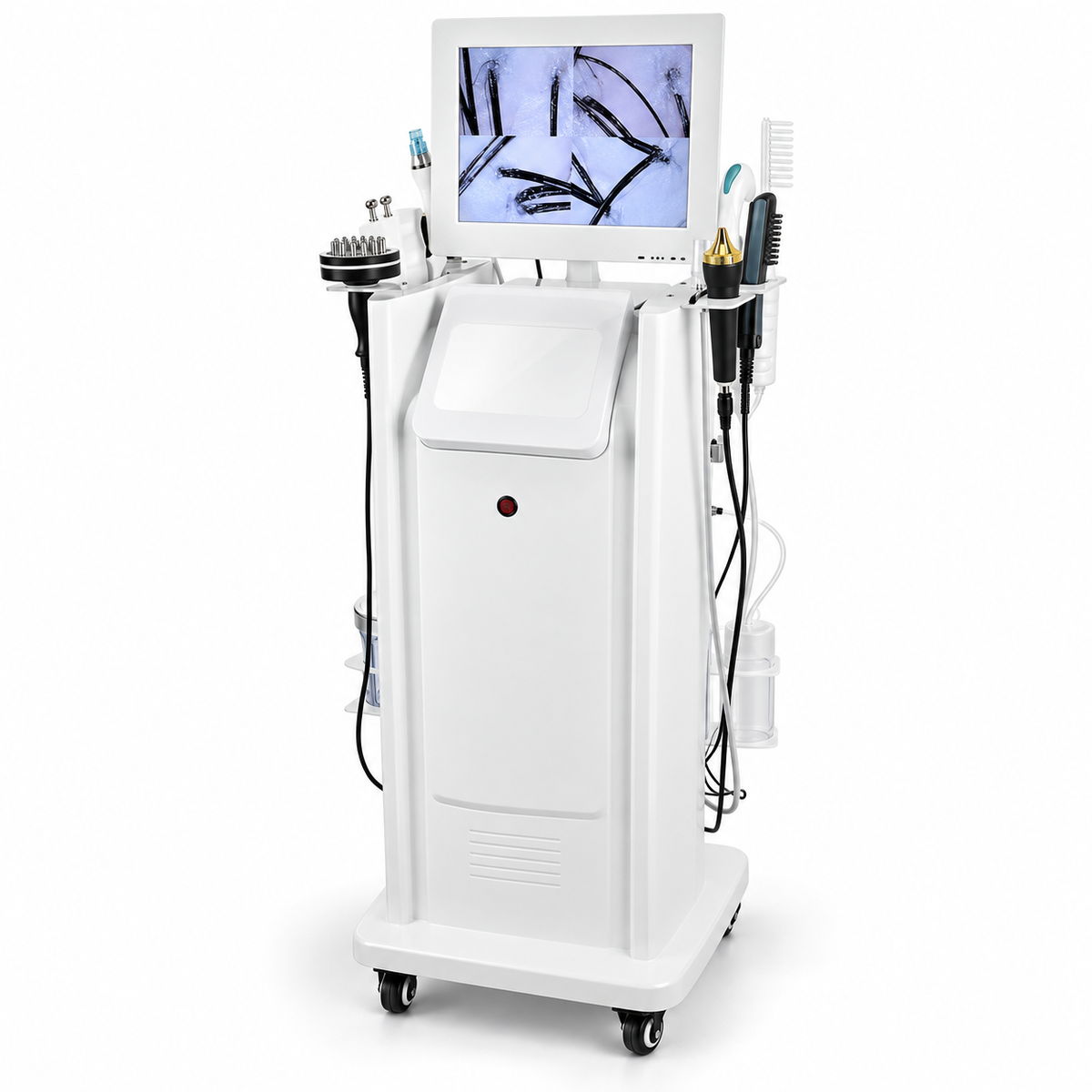 White 8-in-1 professional scalp-care workstation with camera display, handpiece holders and wheeled base