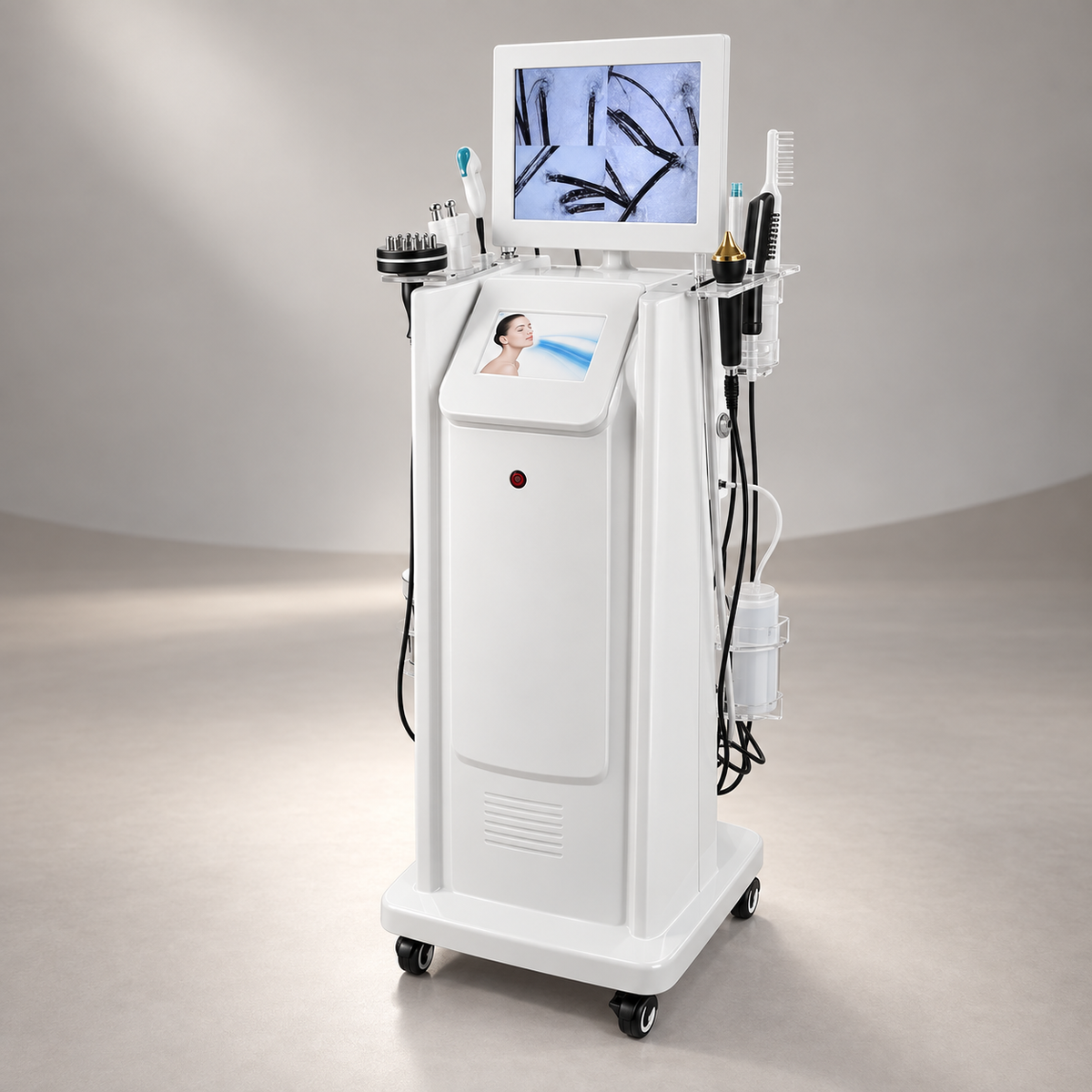 Angled studio view of the 8-in-1 scalp-care workstation with camera display and treatment handpieces