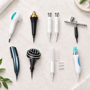 Scalp-care handpieces and comb attachments arranged on a light surface