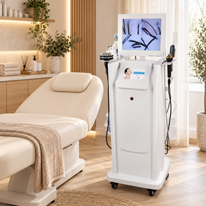 White scalp-care workstation positioned beside a salon treatment chair