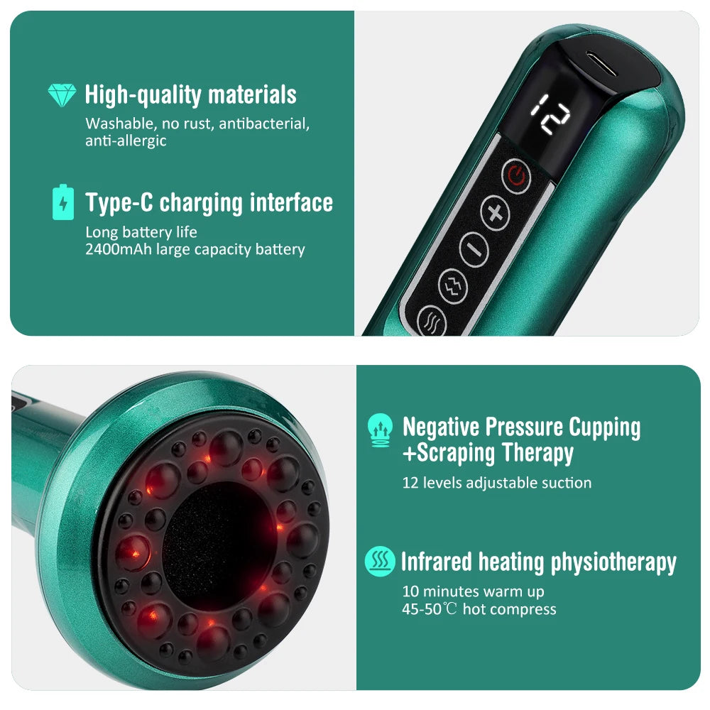 Electric Cupping Massager 12-Speed, Vacuum Suction, Gua Sha Scraping Tool, Infrared Heating Therapy, Anti-Cellulite Body Relaxation, Wireless Portable Design