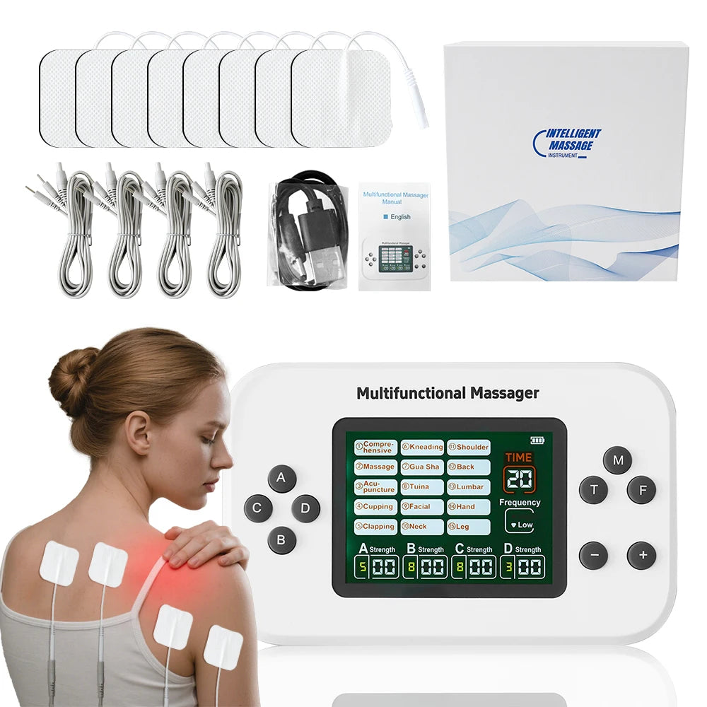 Electric TENS EMS Physiotherapy Massager, 30 Levels, 4 Output Channels, 15 Modes, 8 Pads, Rechargeable 2000mAh Battery, Muscle Pain Relief Therapy