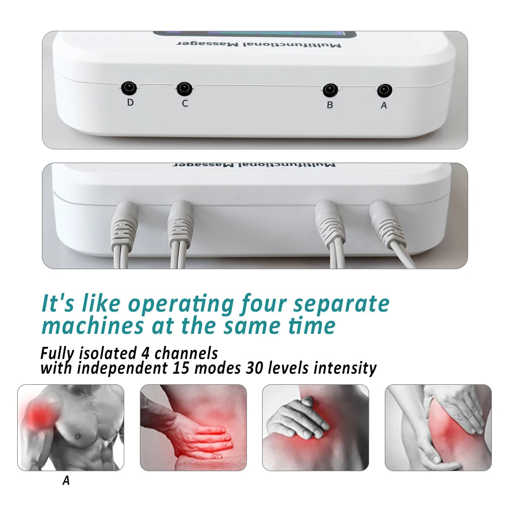 Electric TENS EMS Physiotherapy Massager, 30 Levels, 4 Output Channels, 15 Modes, 8 Pads, Rechargeable 2000mAh Battery, Muscle Pain Relief Therapy
