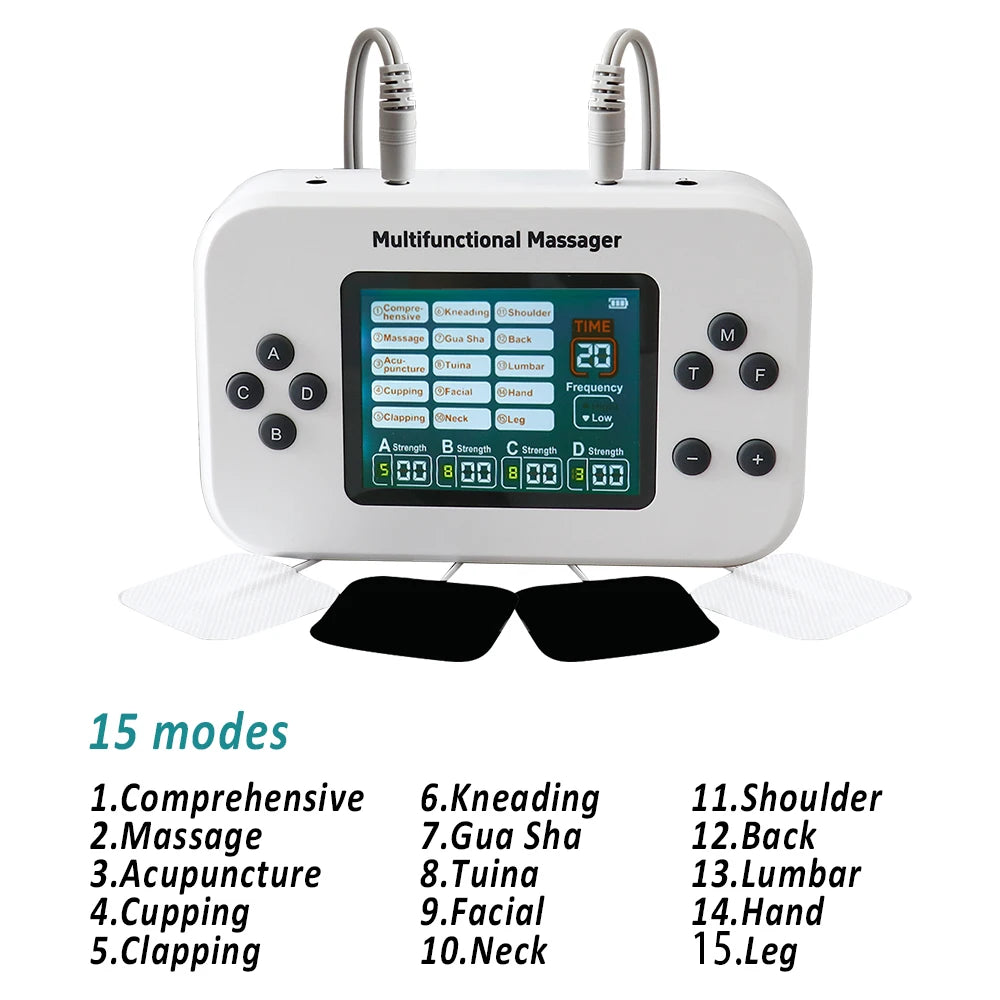 Electric TENS EMS Physiotherapy Massager, 30 Levels, 4 Output Channels, 15 Modes, 8 Pads, Rechargeable 2000mAh Battery, Muscle Pain Relief Therapy