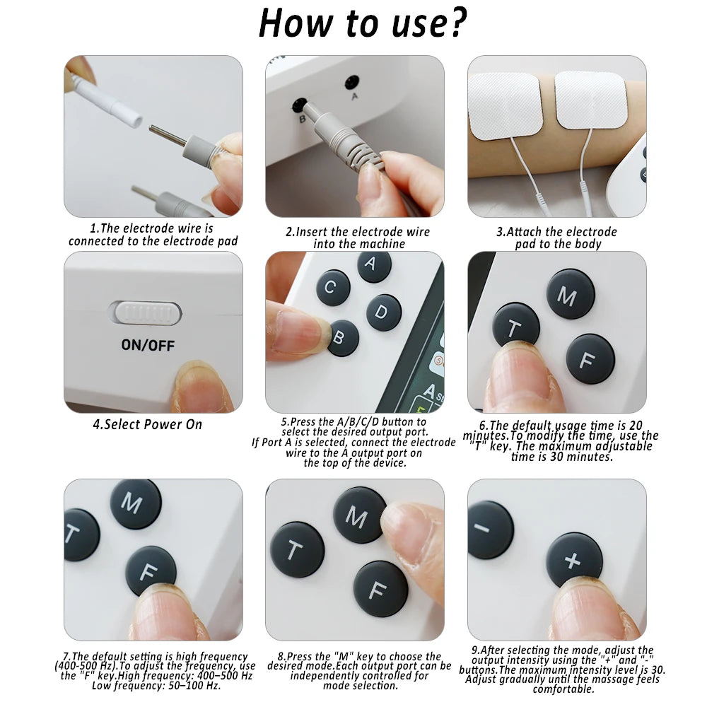 Electric TENS EMS Physiotherapy Massager, 30 Levels, 4 Output Channels, 15 Modes, 8 Pads, Rechargeable 2000mAh Battery, Muscle Pain Relief Therapy